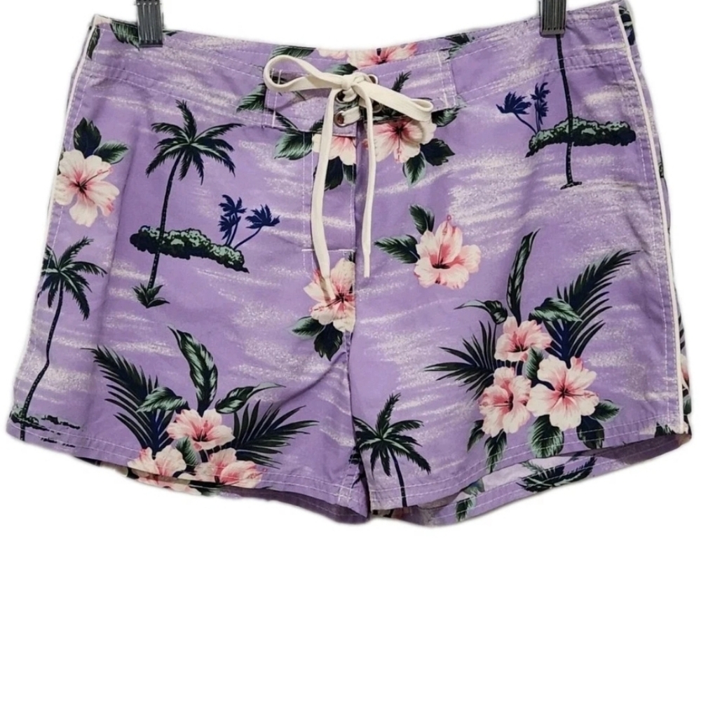 Crazy Shirts Board Shorts Juniors 5 Purple Pink Floral Tropical Hibiscus Pocket